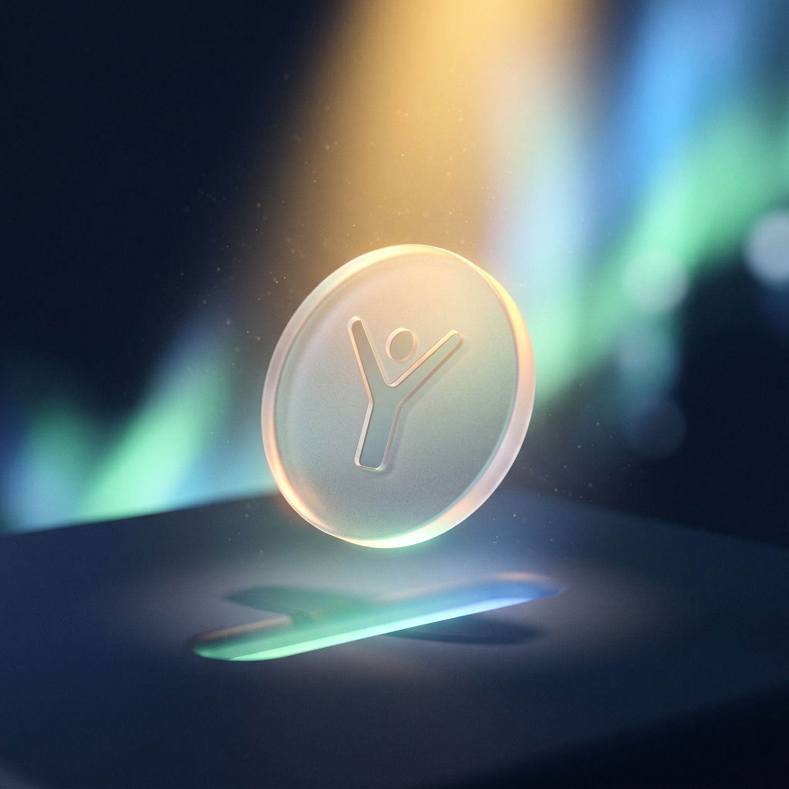 A frosted glass coin with the OneYes figure engraved on it, floating above a slot of light.