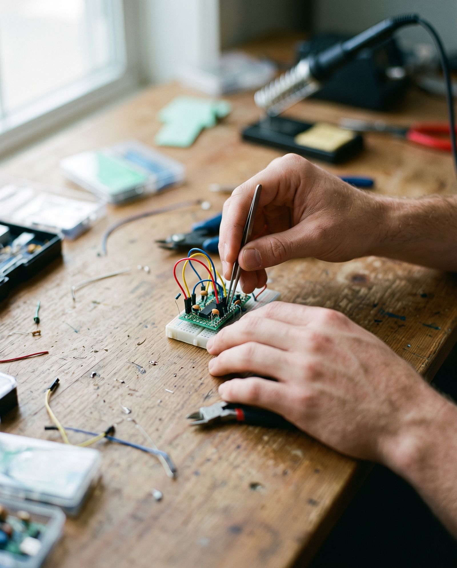 Hands soldering a small circuit board on a wooden workbench, with tools and wires around it.