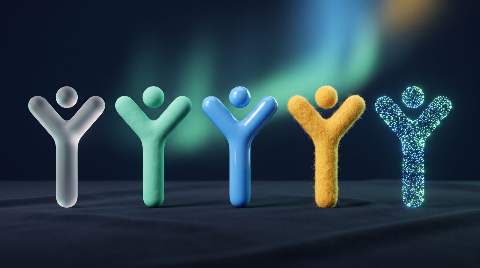 Five OneYes figures with arms raised, each made of a different material: frosted glass, mint clay, glossy blue, yellow felt and sparkling light.